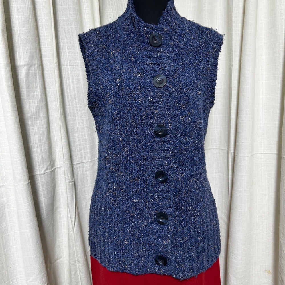 Charter Club Women Blue Knit Sleeveless Mock Neck Button Front Vest Sweater Sz S